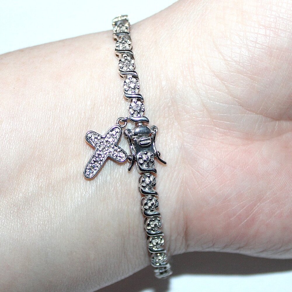 Sterling Silver Tennis Bracelet Cross Charm 12G 7 Inches - Picture 2 of 5